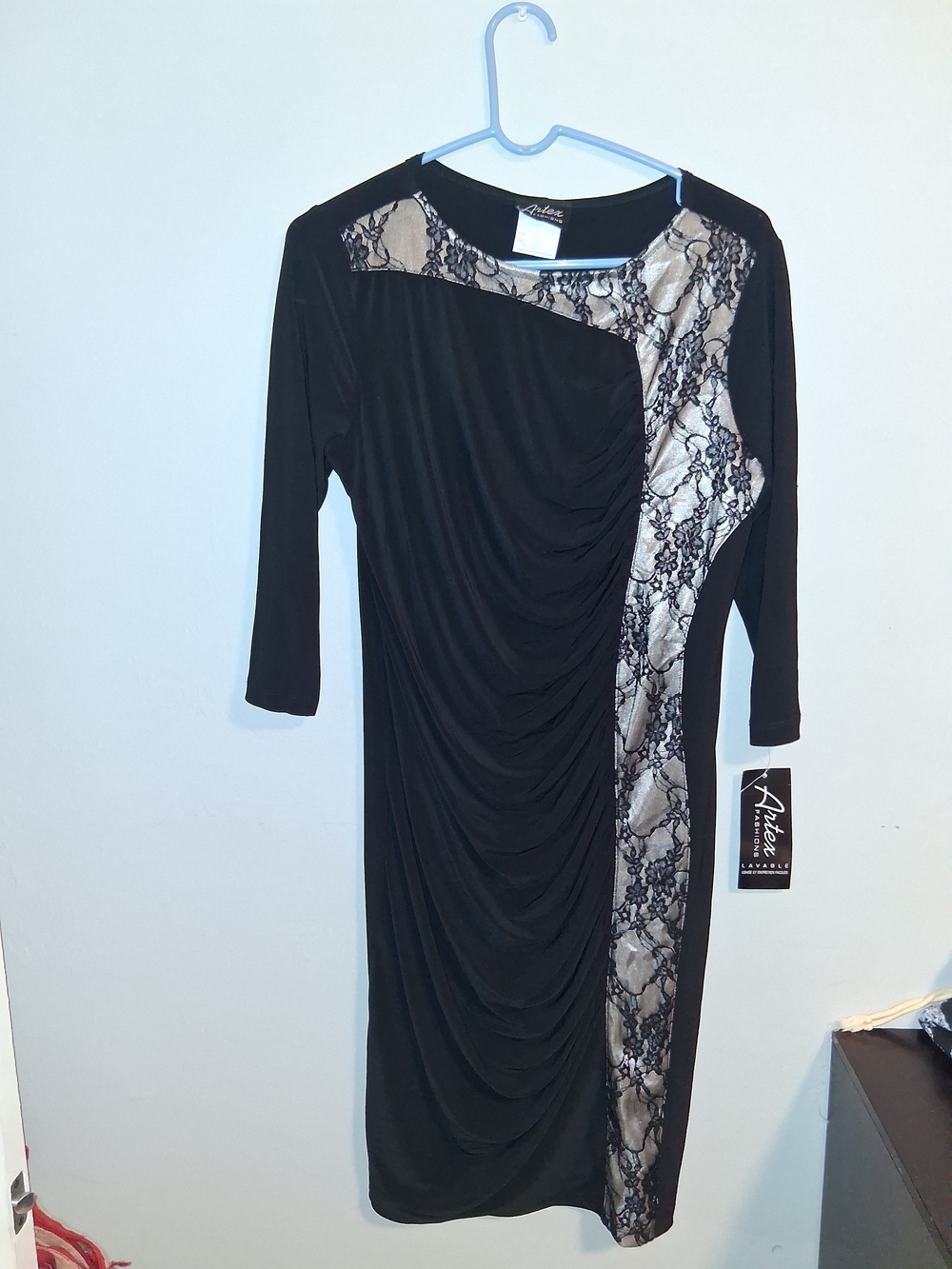 Aiden Black and Silver Lace-Accent Ruched Midi Dress